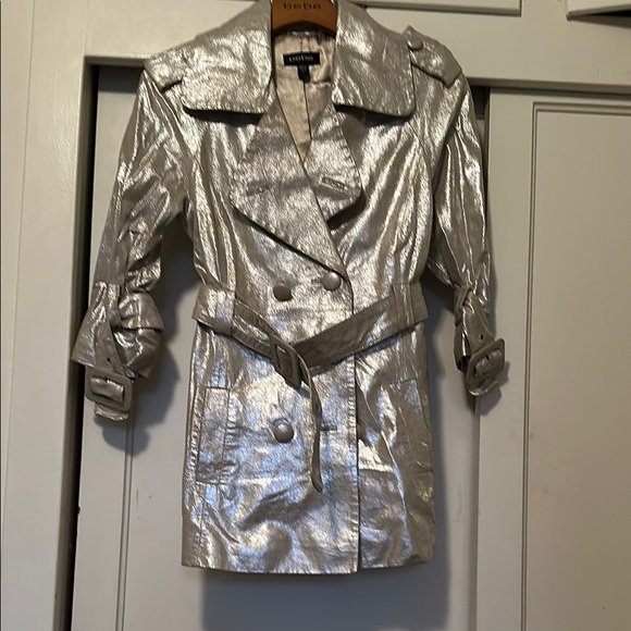 Vintage Bebe Shimmering leather Silver Trench Coat Retro Small - Picture 2 of 9